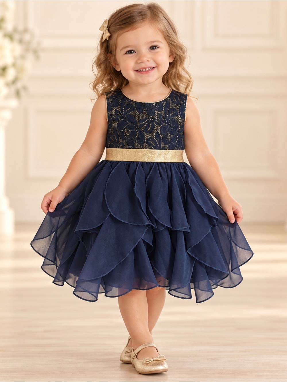 Youngland Girls 2T Navy Gold Metallic Ruffle Holiday Party Dress NWT